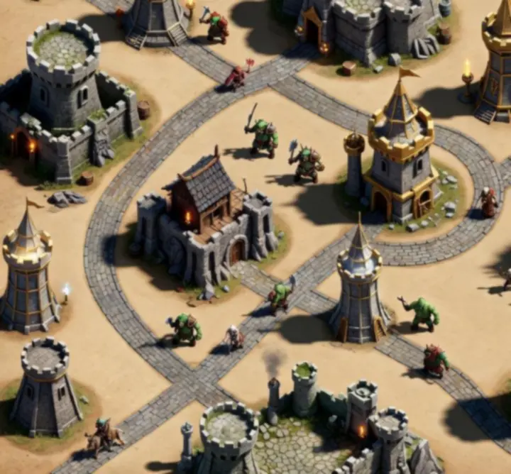 Védekezési elrendezési minta a Kingdom Rush csatatéren, kiemelve a toronyelhelyezés kulcspontjait.
