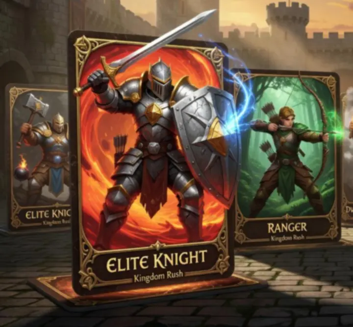 Illusztrált Kingdom Rush hőskártyák különböző kasztokkal és képesség ikonokkal