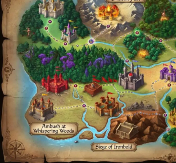 Kingdom Rush világtérkép kampányokkal, erődítményekkel és főbb csaták helyszíneivel
