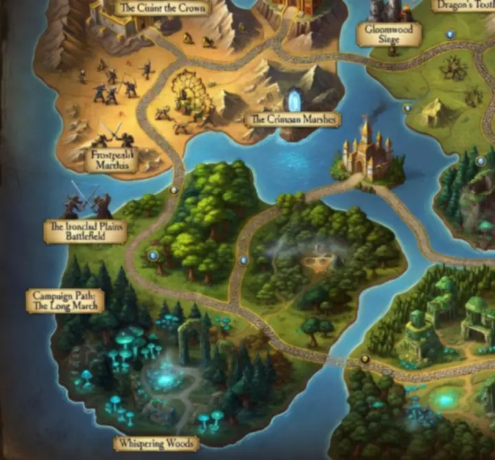 Kingdom Rush világtérkép pályákkal és útvonalakkal