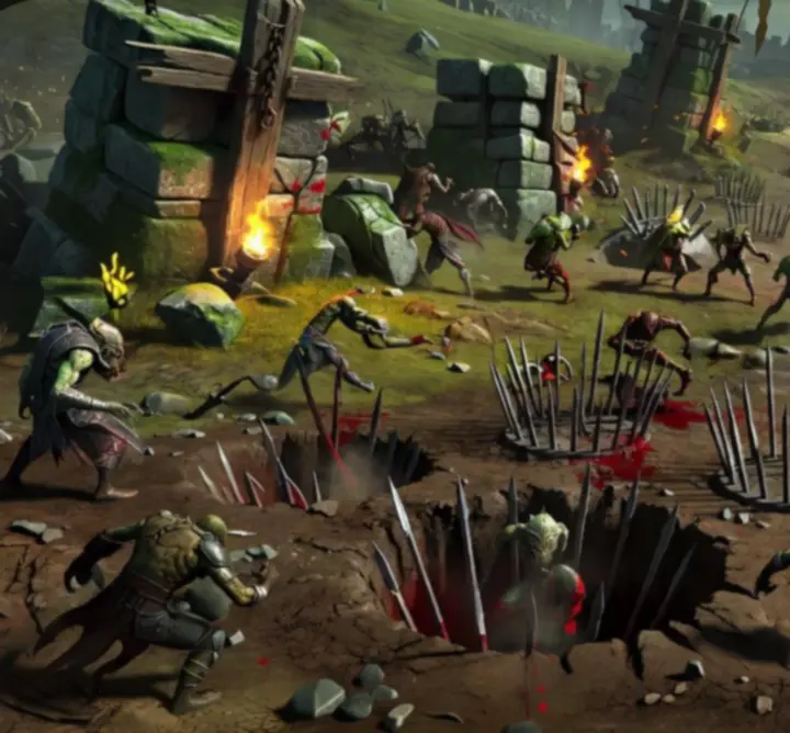 Taktikai csapdák és elterelő útvonalak egy fantasy csatatéren, ahol a játékos az ellenséget szűk folyosókba tereli.