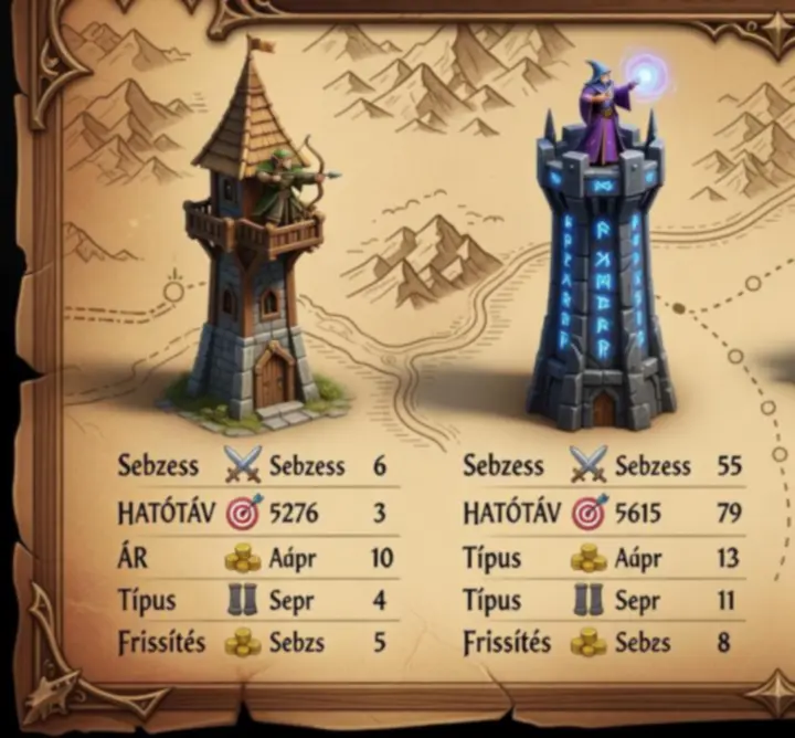 Vizualizált torony-összehasonlító táblázat a Kingdom Rush tornyairól