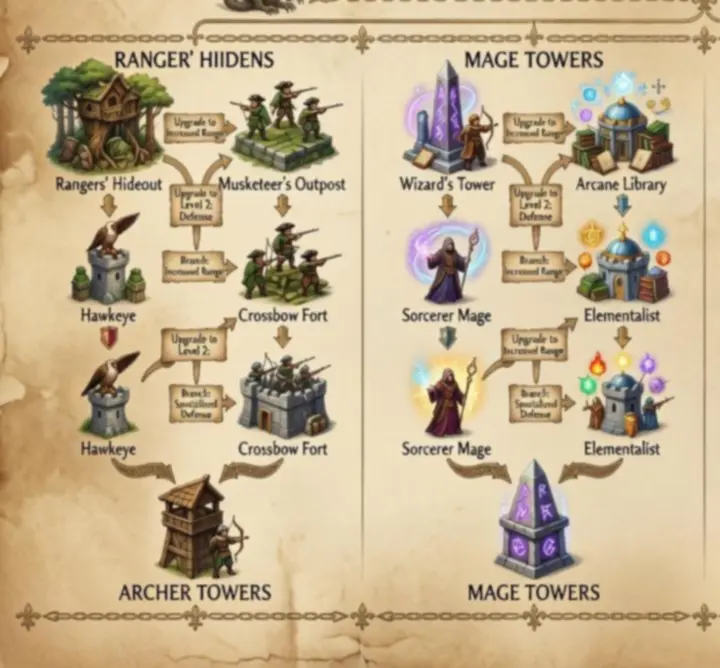 Kingdom Rush fejlesztési útvonalakat bemutató infografika